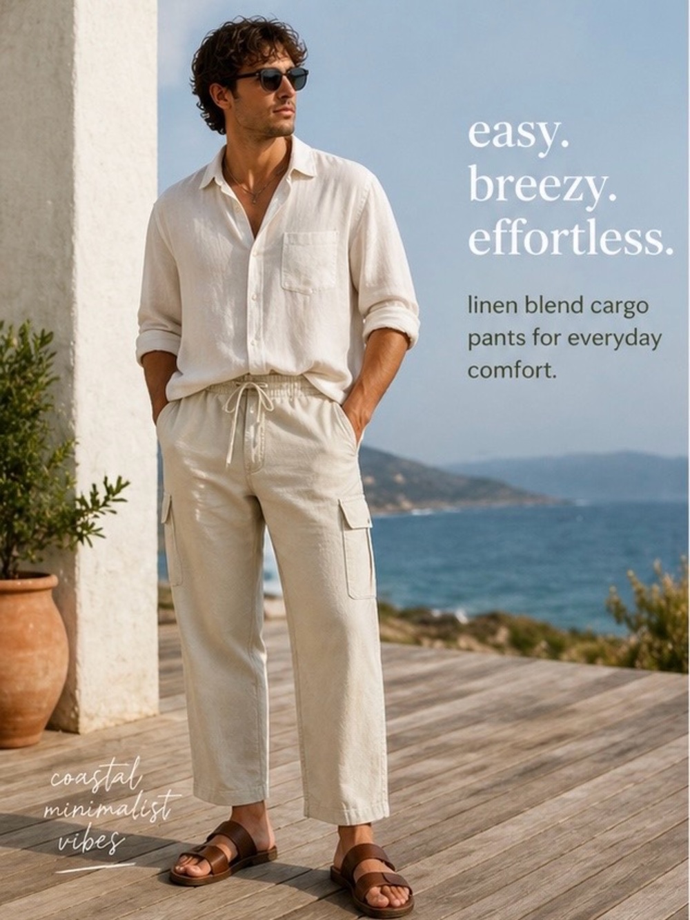 John Henry Linen Blend Drawstring Cargo Pants Relaxed Fit Neutral Khaki 36-38